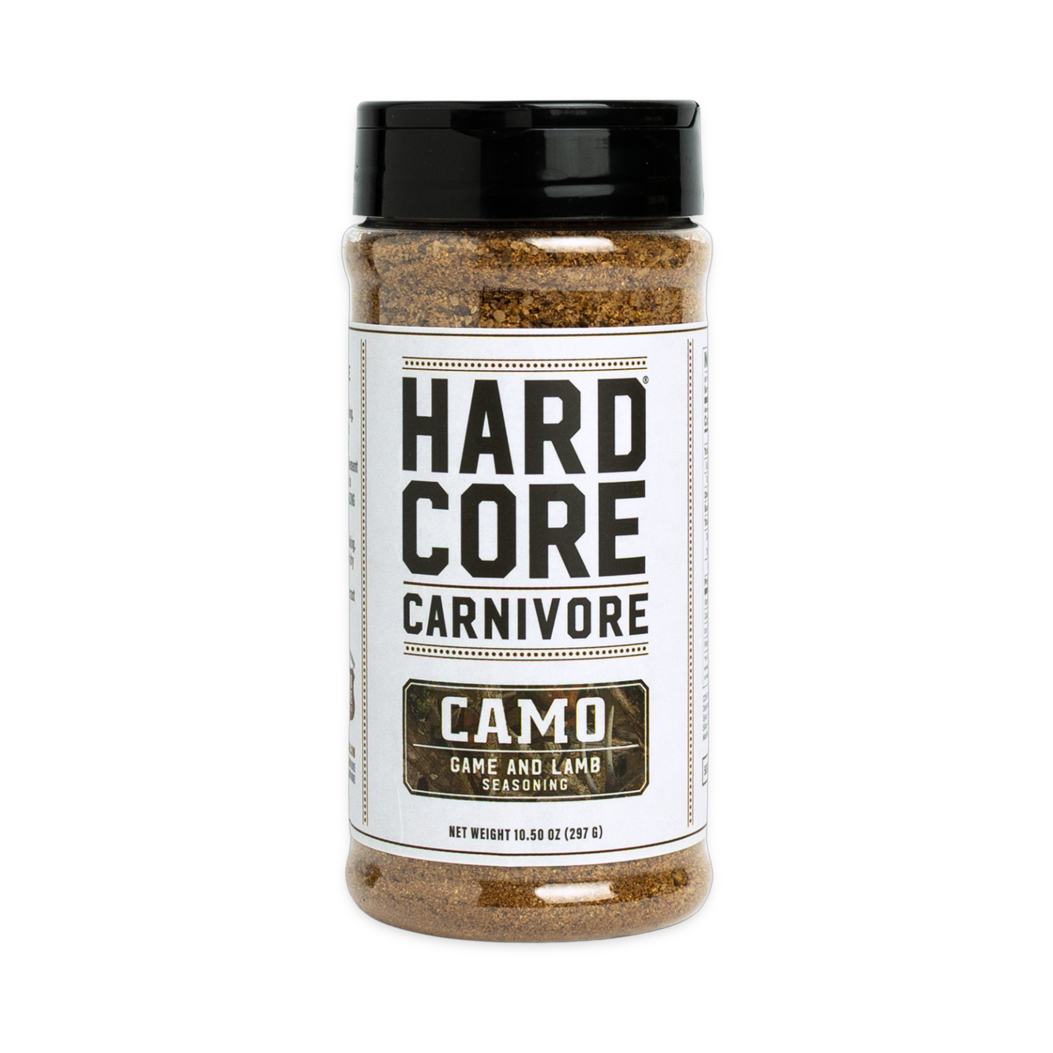 Hardcore Carnivore Camo game and lamb rub 297g shaker, front of pack on transparent background