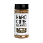Hardcore Carnivore Camo game and lamb rub 297g shaker, front of pack on transparent background
