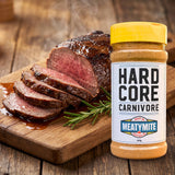 Hardcore Carnivore MeatyMite All-Purpose Rub — sliced roast beef with a savoury crust beside the pack