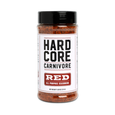 Hardcore Carnivore Red all-purpose rub 311g shaker, front of pack on transparent background