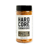 Hardcore Carnivore Steak Master Seasoning 391g shaker, front of pack on transparent background