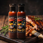 Holy Grail Hog glaze styled with glazed pulled pork and ribs