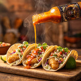 Dia De Los Muertos hot sauce drizzled over zesty fish tacos