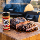 Elk Creek Beef Shake steak seasoning — sliced smoked beef brisket with a dark bark and smoke ring