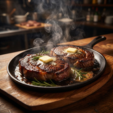 Elk Creek Beef Shake steak seasoning — two seared crusty ribeye steaks resting in a cast-iron pan