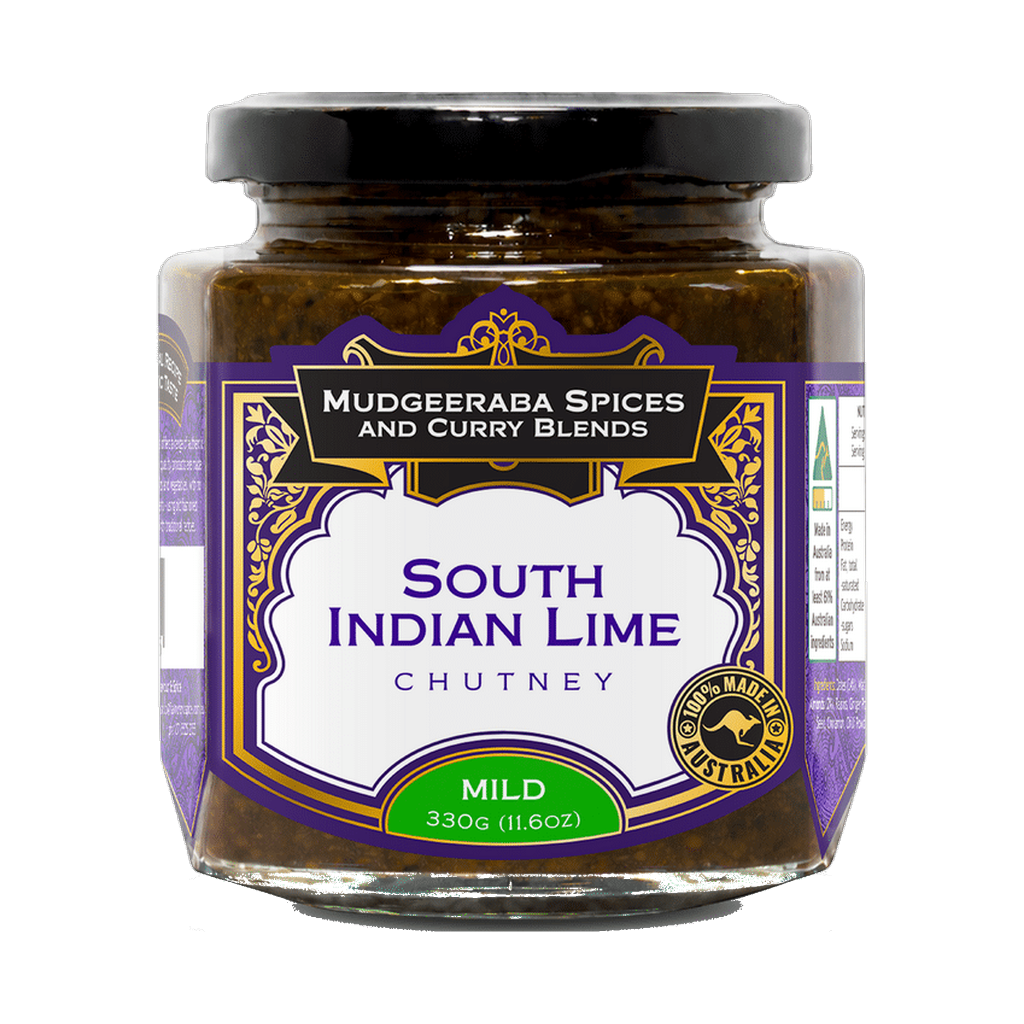 Mudgeeraba Spices South Indian Lime Chutney Mild 350g jar front