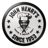 John Henry's brand logo, chef portrait medallion, Have a Spice Day since 1953, silver on transparent background