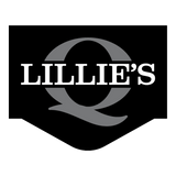 Lillie's Q barbecue brand logo, white LILLIE'S wordmark over a grey Q on a black pennant badge, on transparent background