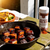 Lillie's Q Carolina Dirt BBQ Rub 170g — sticky pork belly burnt ends with a red paprika bark in cast iron