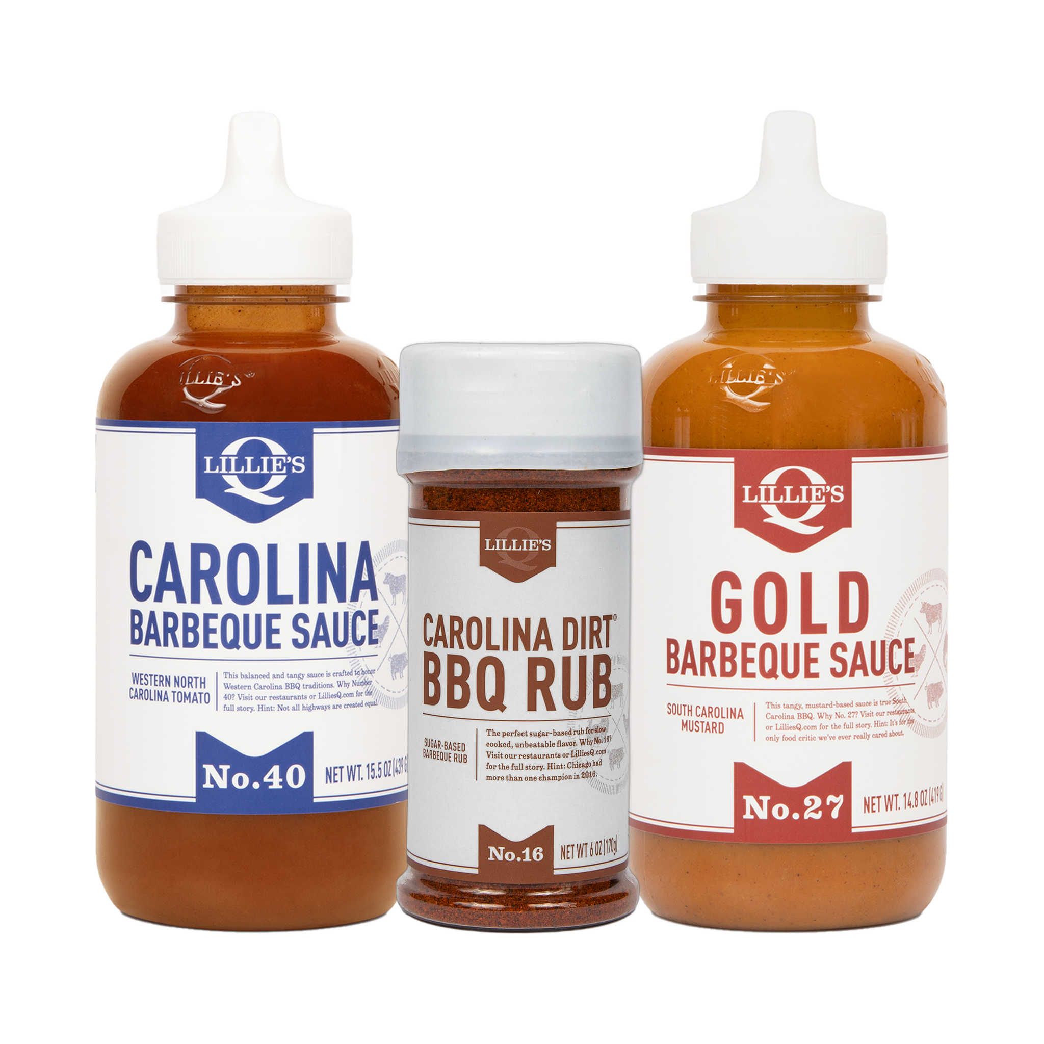 Lillie's Q Carolina Dreaming BBQ Set — Carolina Dirt BBQ Rub 170g, Carolina and Gold Barbeque Sauce 380ml on transparent background