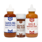 Lillie's Q Carolina Dreaming BBQ Set — Carolina Dirt BBQ Rub 170g, Carolina and Gold Barbeque Sauce 380ml on transparent background