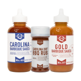 Lillie's Q Carolina Dreaming BBQ Set — Carolina Dirt BBQ Rub 170g, Carolina and Gold Barbeque Sauce 380ml on transparent background