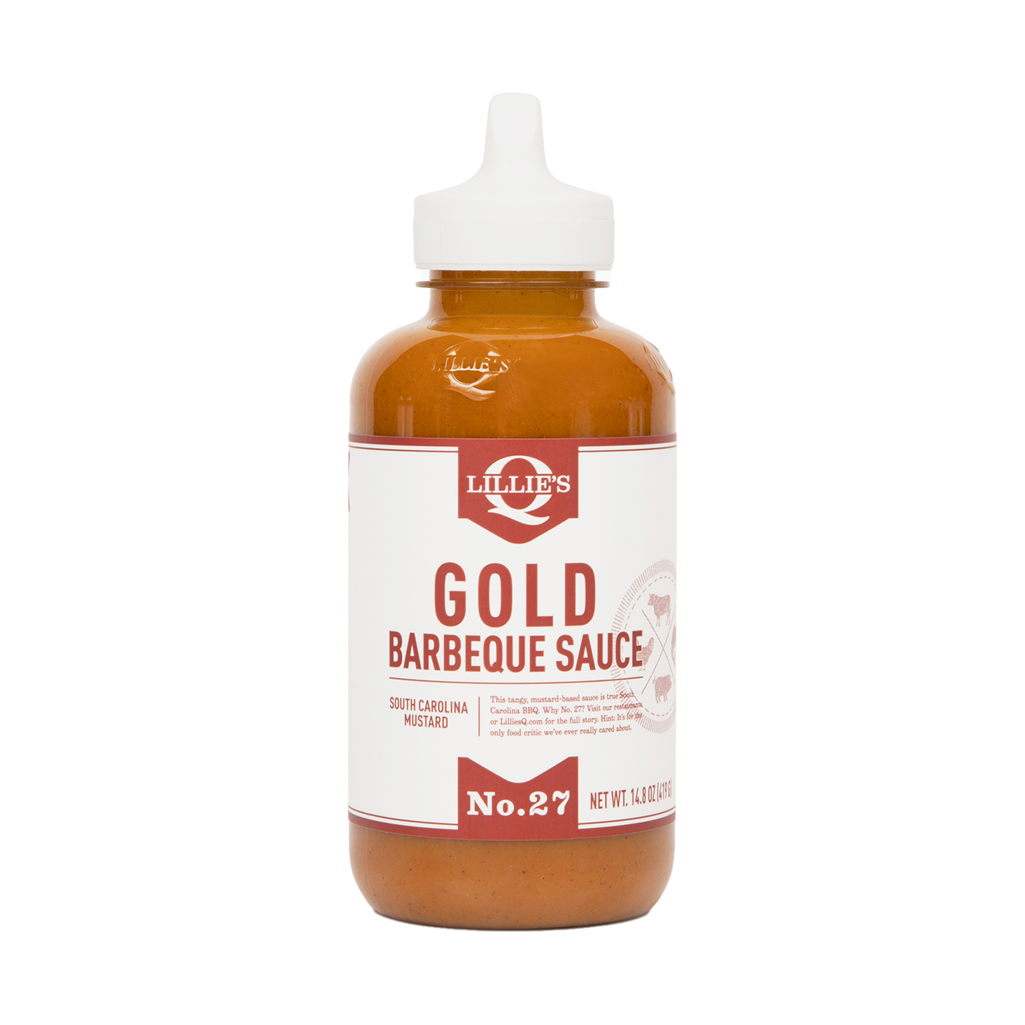 Lillie's Q Gold Barbeque Sauce 380ml mustard BBQ sauce — front of squeeze bottle on transparent background