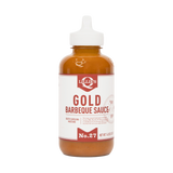 Lillie's Q Gold Barbeque Sauce 380ml mustard BBQ sauce — front of squeeze bottle on transparent background
