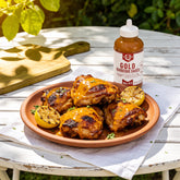 Lillie's Q Gold Barbeque Sauce 380ml mustard BBQ sauce — smoked chicken thighs glazed in golden mustard sauce