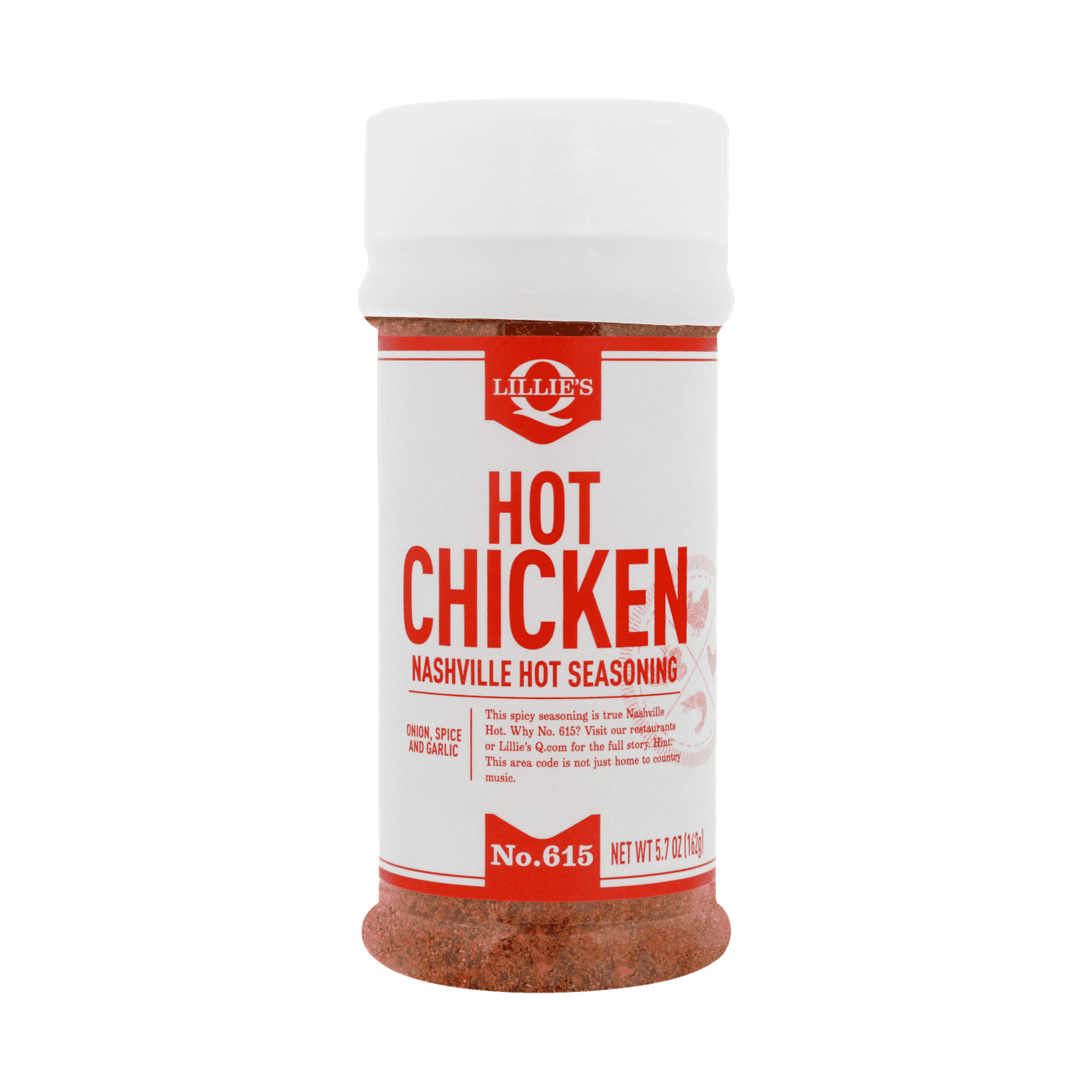 Lillie's Q Hot Chicken Nashville Hot Seasoning 161g — front of shaker on transparent background