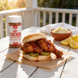 Lillie's Q Hot Chicken Nashville Hot Seasoning 161g — Nashville hot fried chicken on a soft bun with pickles