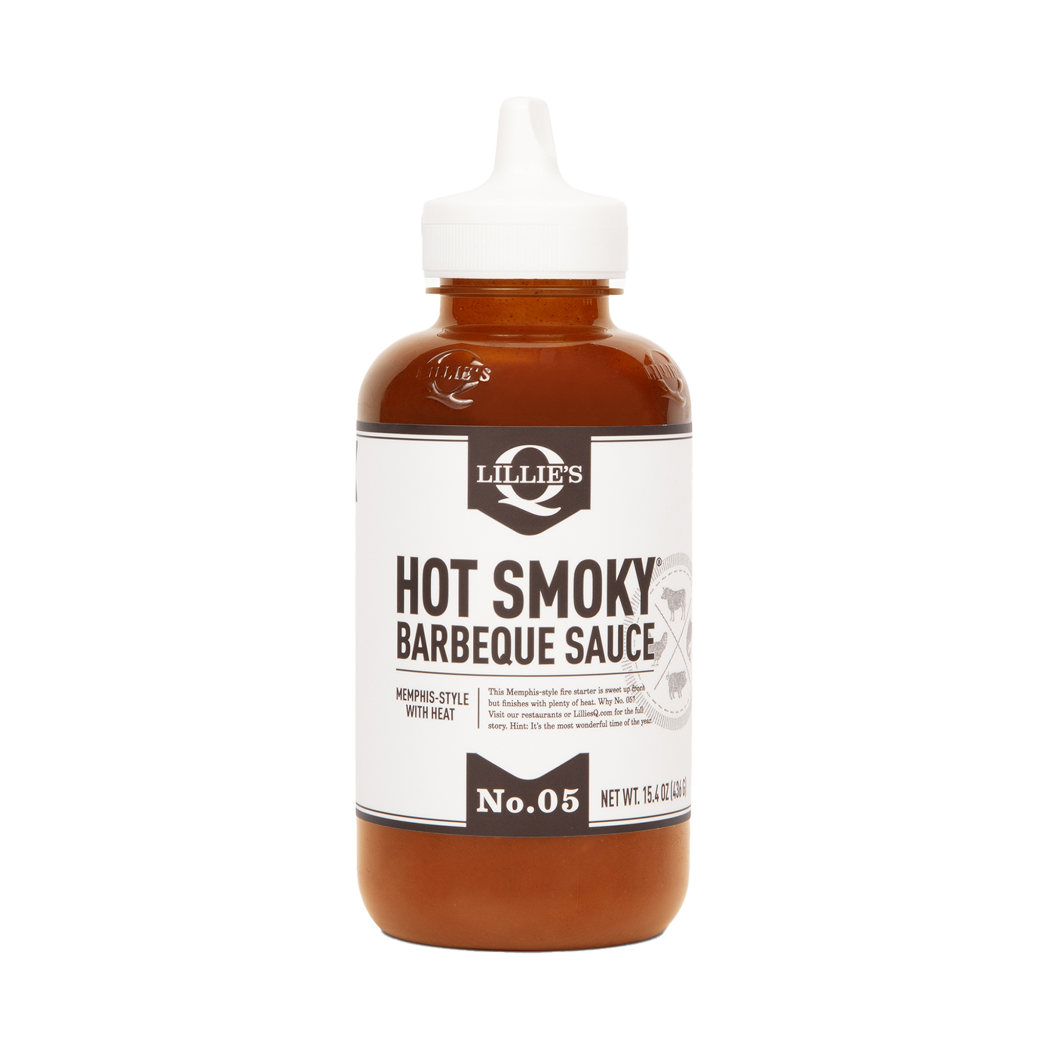 Lillie's Q Hot Smoky Barbeque Sauce 380ml spicy BBQ sauce — front of squeeze bottle on transparent background