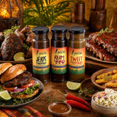 Little Brixton Jamaican Trio — three bottles with a Caribbean feast spread