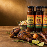 Little Brixton Jamaican Trio — jerk chicken, ribs and burger spread with all three bottles