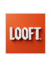 Looftlighter brand logo, 3D white LOOFT wordmark on an orange-red tile, Swedish electric fire starters, on transparent background