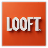 Looftlighter brand logo, 3D white LOOFT wordmark on an orange-red tile, Swedish electric fire starters, on transparent background
