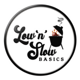 Low n Slow Basics brand logo, chrome ring with a kettle smoker and glowing coal, black on transparent background