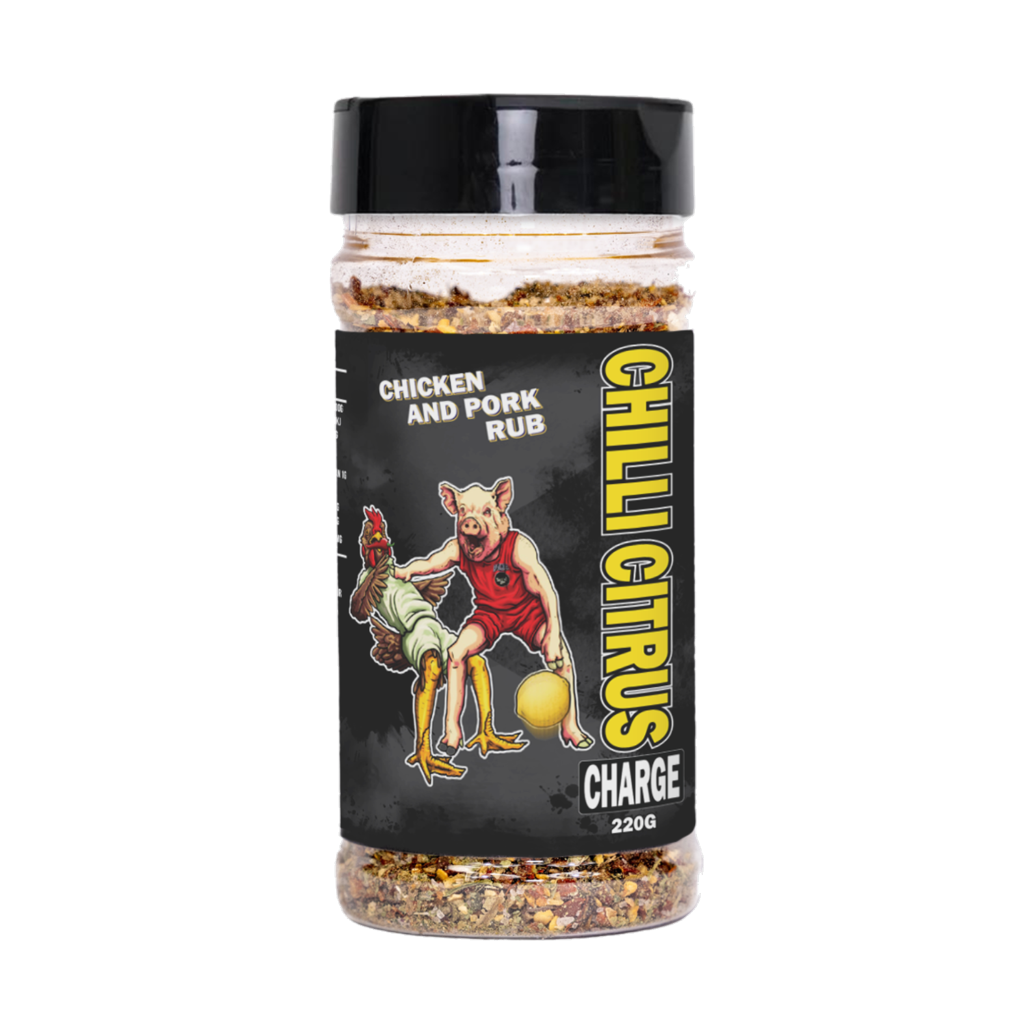 Low n Slow Basics Chilli Citrus Charge chicken and pork rub 300g, front of shaker on transparent background