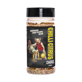 Low n Slow Basics Chilli Citrus Charge chicken and pork rub 300g, front of shaker on transparent background