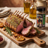 Low n Slow Basics Lamb Layup lamb rub — a roasted rack of lamb with a herby sumac crust carved into pink cutlets