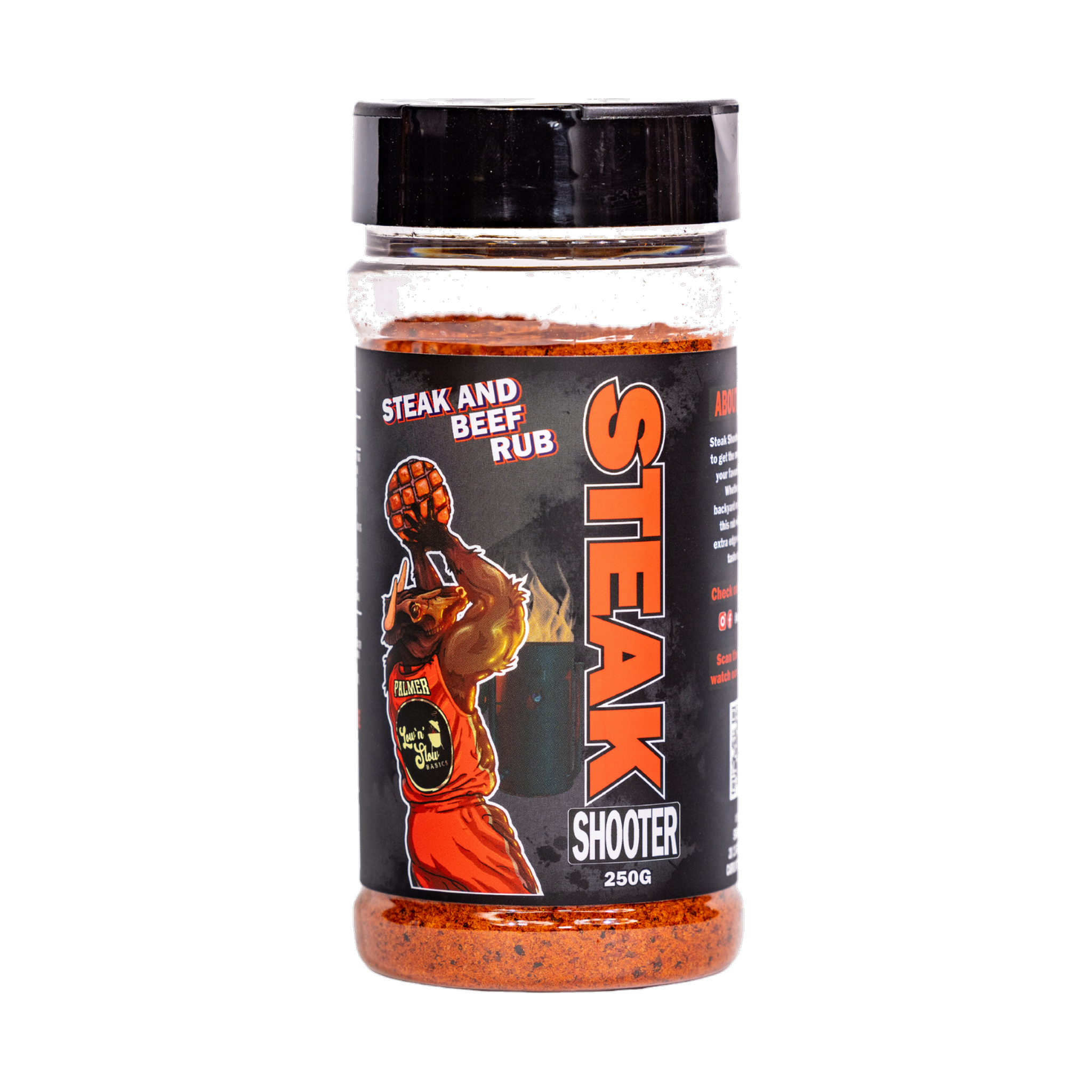 Low n Slow Basics Steak Shooter beef rub 250g, front of shaker on transparent background