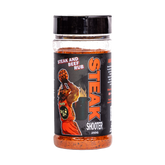 Low n Slow Basics Steak Shooter beef rub 250g, front of shaker on transparent background