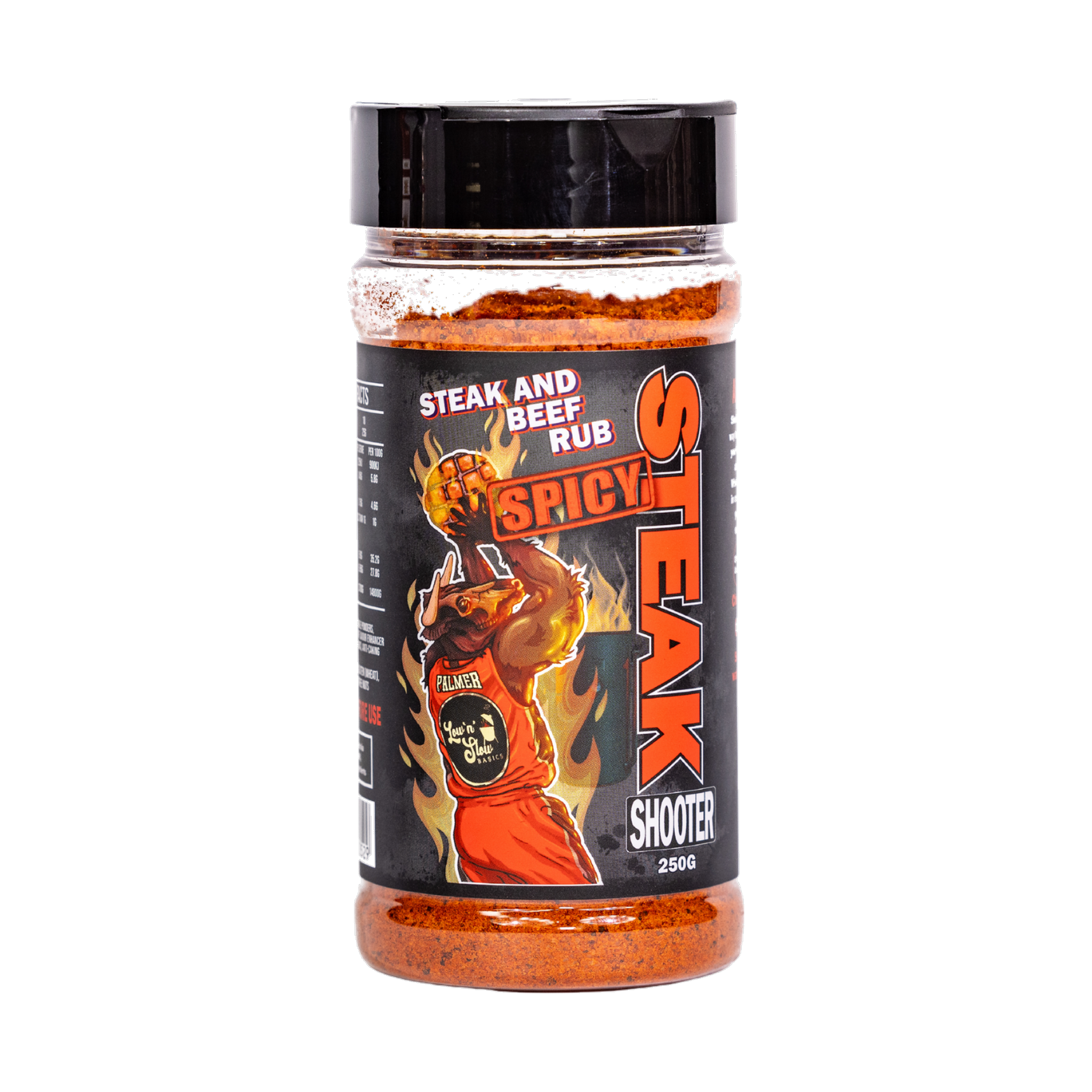 Low n Slow Basics Steak Shooter Spicy beef rub 250g, front of shaker on transparent background