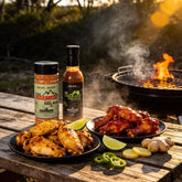 McAdventures The Expedition Pack — Adventurer rub and Trailblazer sauce on a camp table with grilled chicken and glazed wings, beauty shot