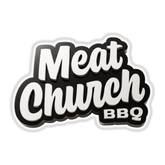 Meat Church brand logo, 3D frosted wordmark, on transparent background