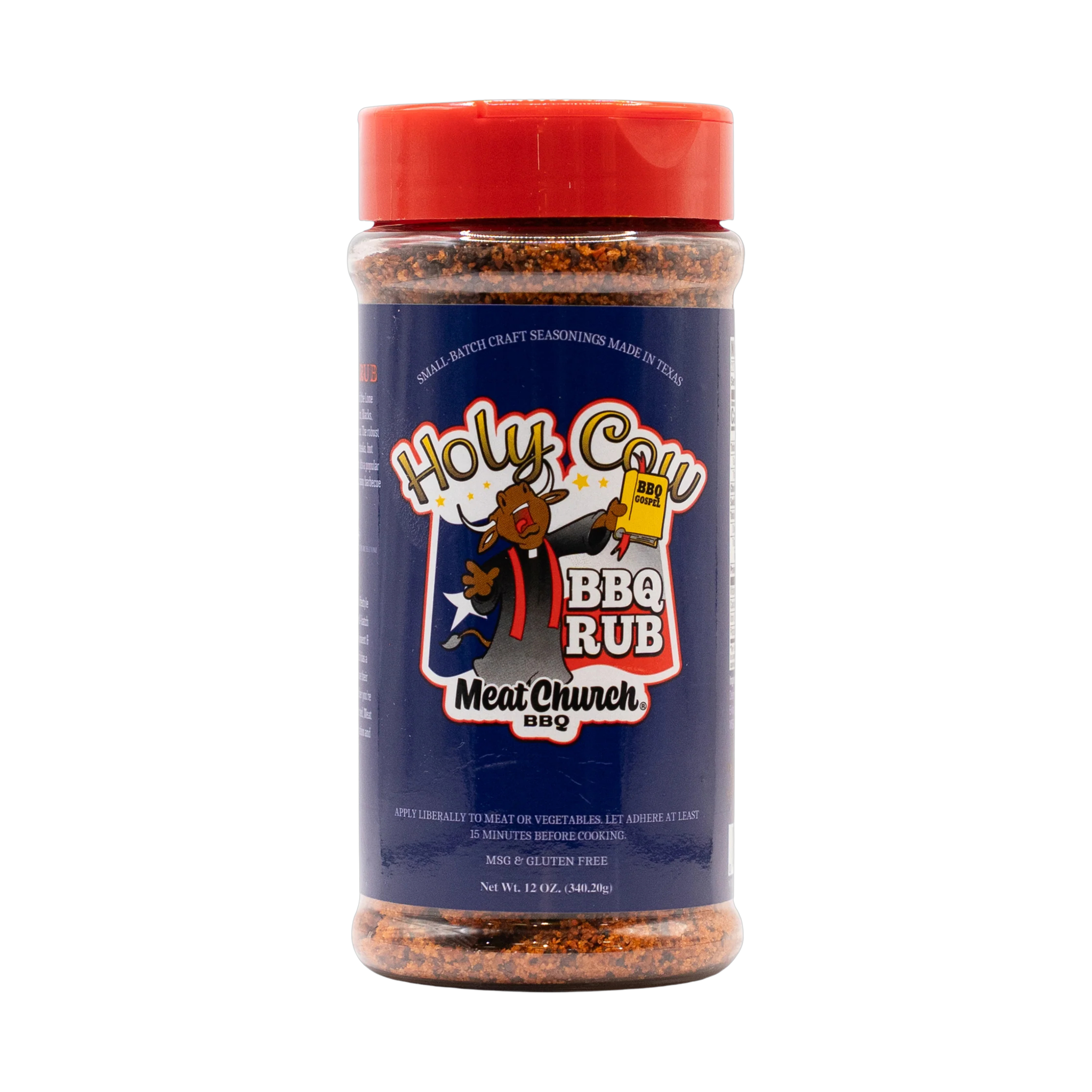 Meat Church Holy Cow 340g beef BBQ rub — front of shaker on transparent background