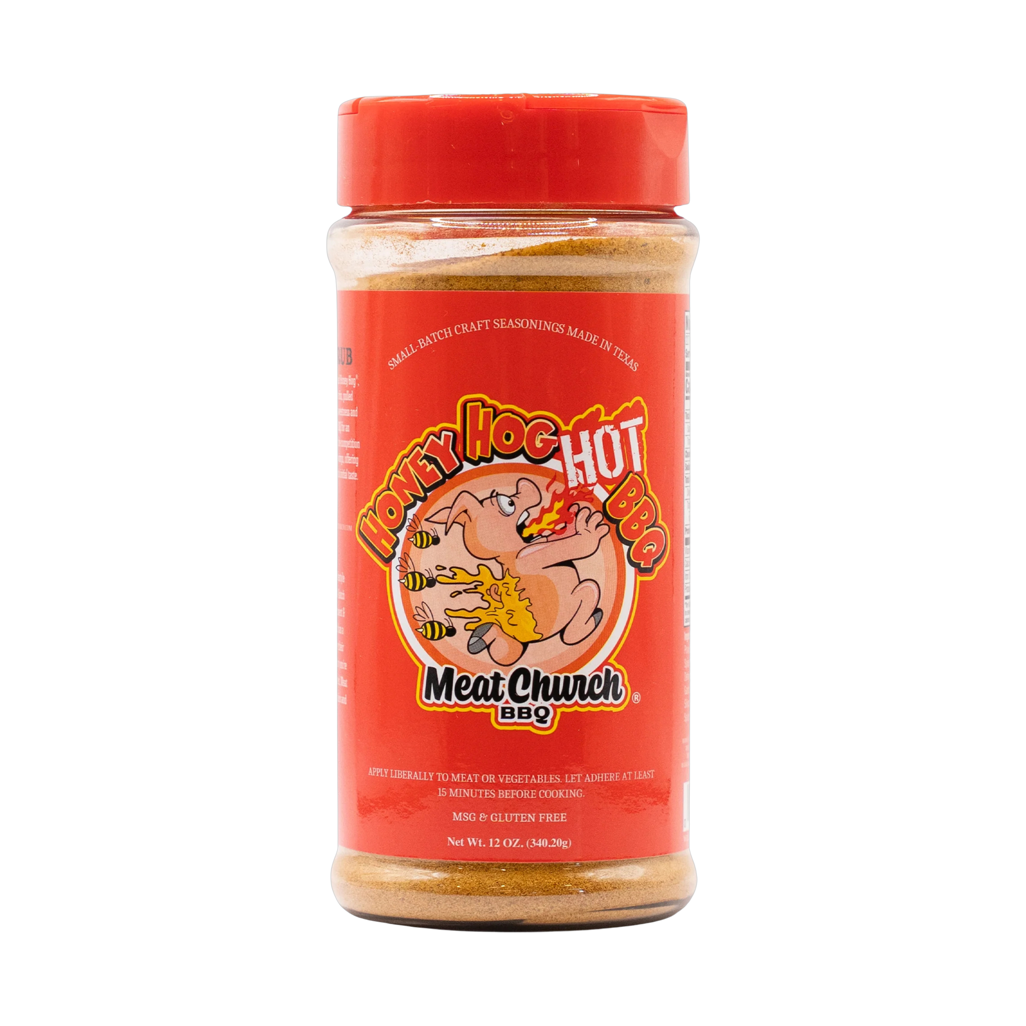 Meat Church Honey Hog Hot 340g sweet spicy BBQ rub — front of shaker on transparent background