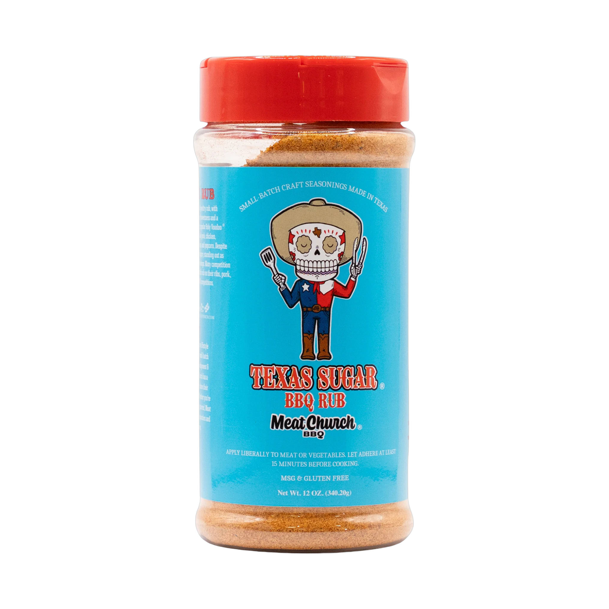 Meat Church Texas Sugar 340g BBQ rub — front of shaker on transparent background