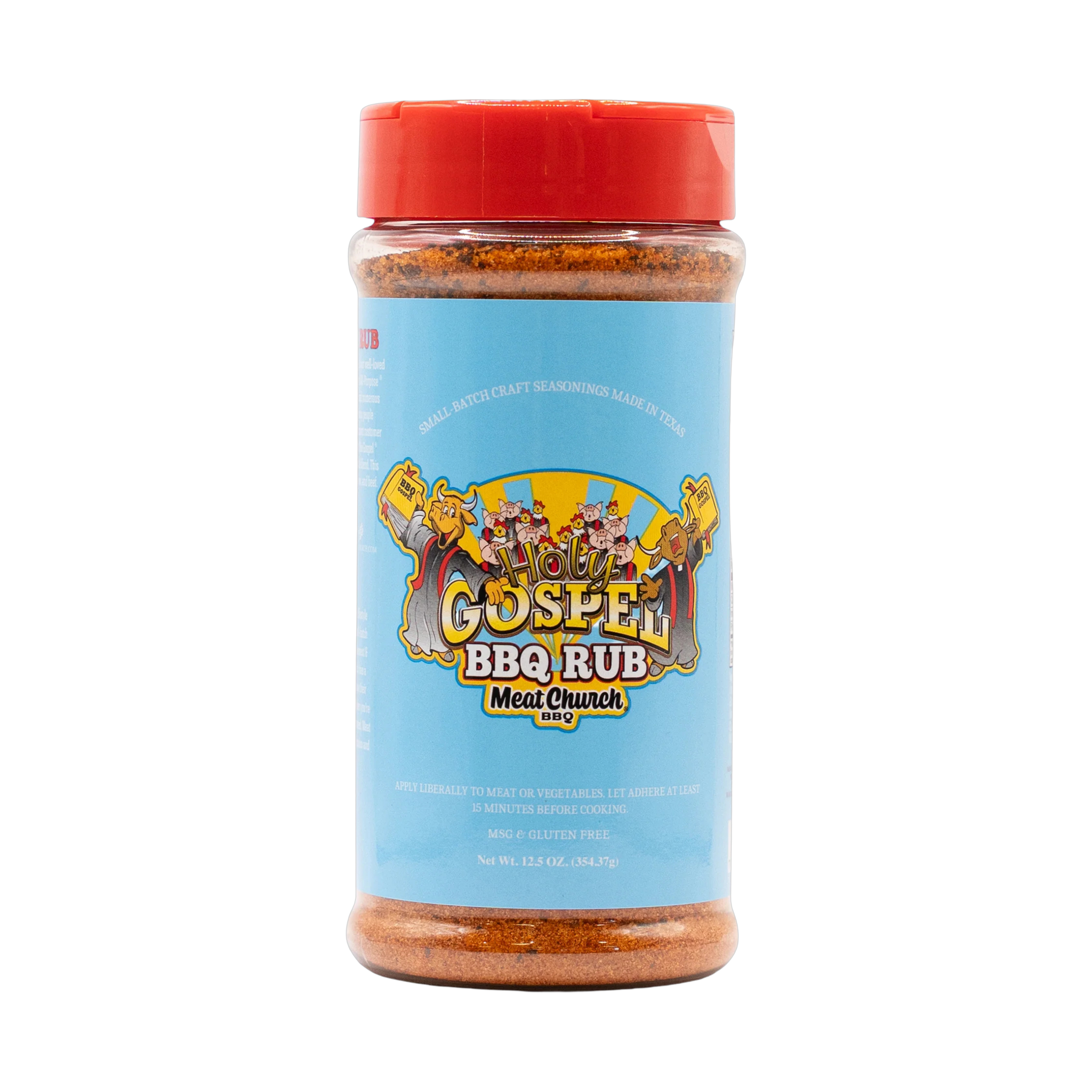 Meat Church The Holy Gospel 354g beef BBQ rub — front of shaker on transparent background