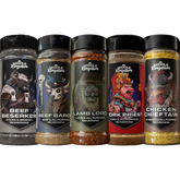 Middle Kingdom BBQ rub and seasoning bundle 5 pack — all five shakers on transparent background