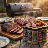 Middle Kingdom BBQ seasoning bundle 5 pack — smoked brisket, ribs, lamb cutlets and wings on a board beside the shakers at a backyard smoker