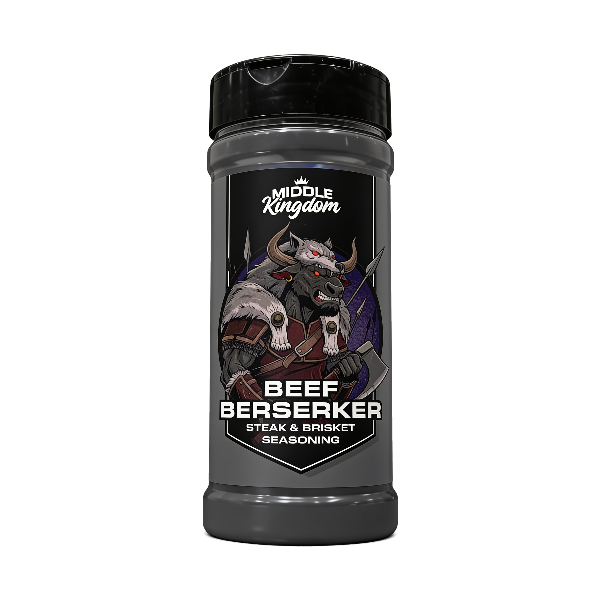 Middle Kingdom Beef Berserker 170g steak and brisket seasoning — front of shaker on transparent background