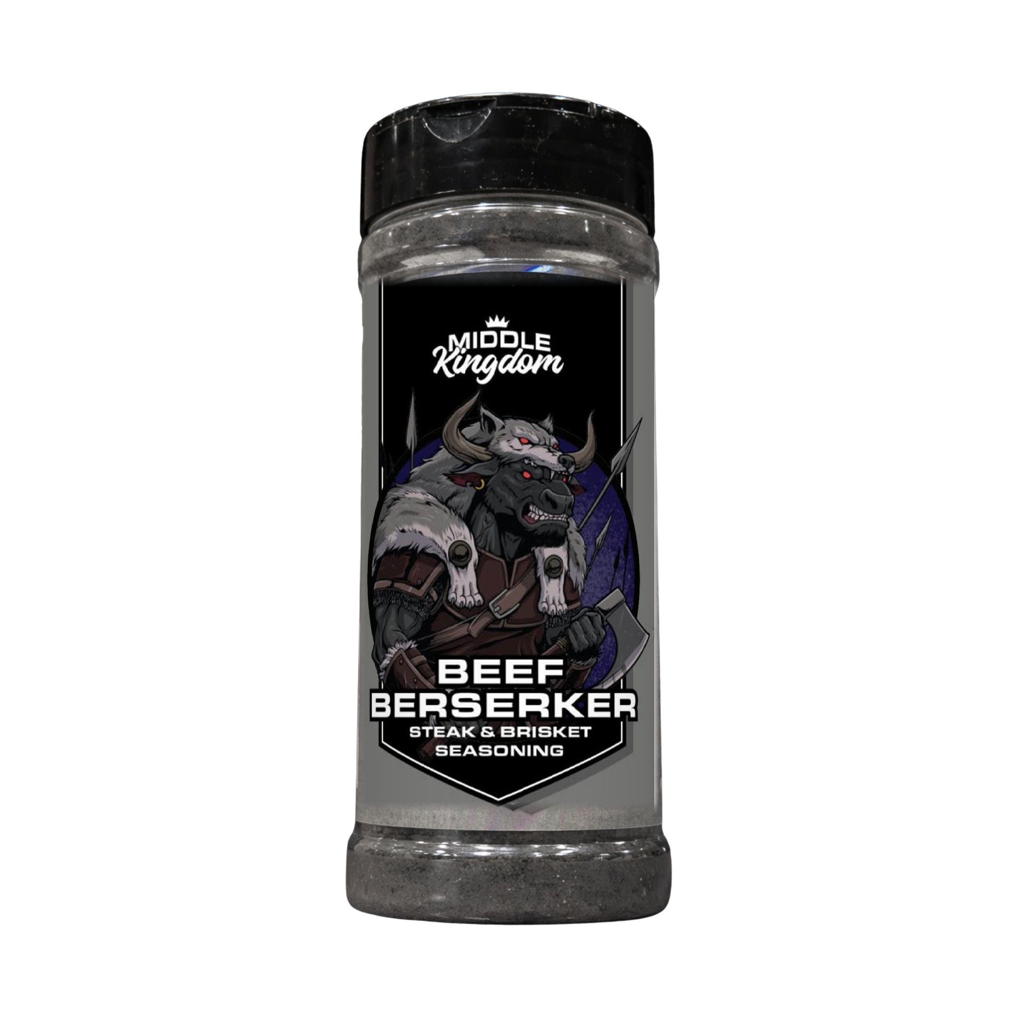 Middle Kingdom Beef Berserker 170g steak and brisket seasoning — front of shaker on transparent background