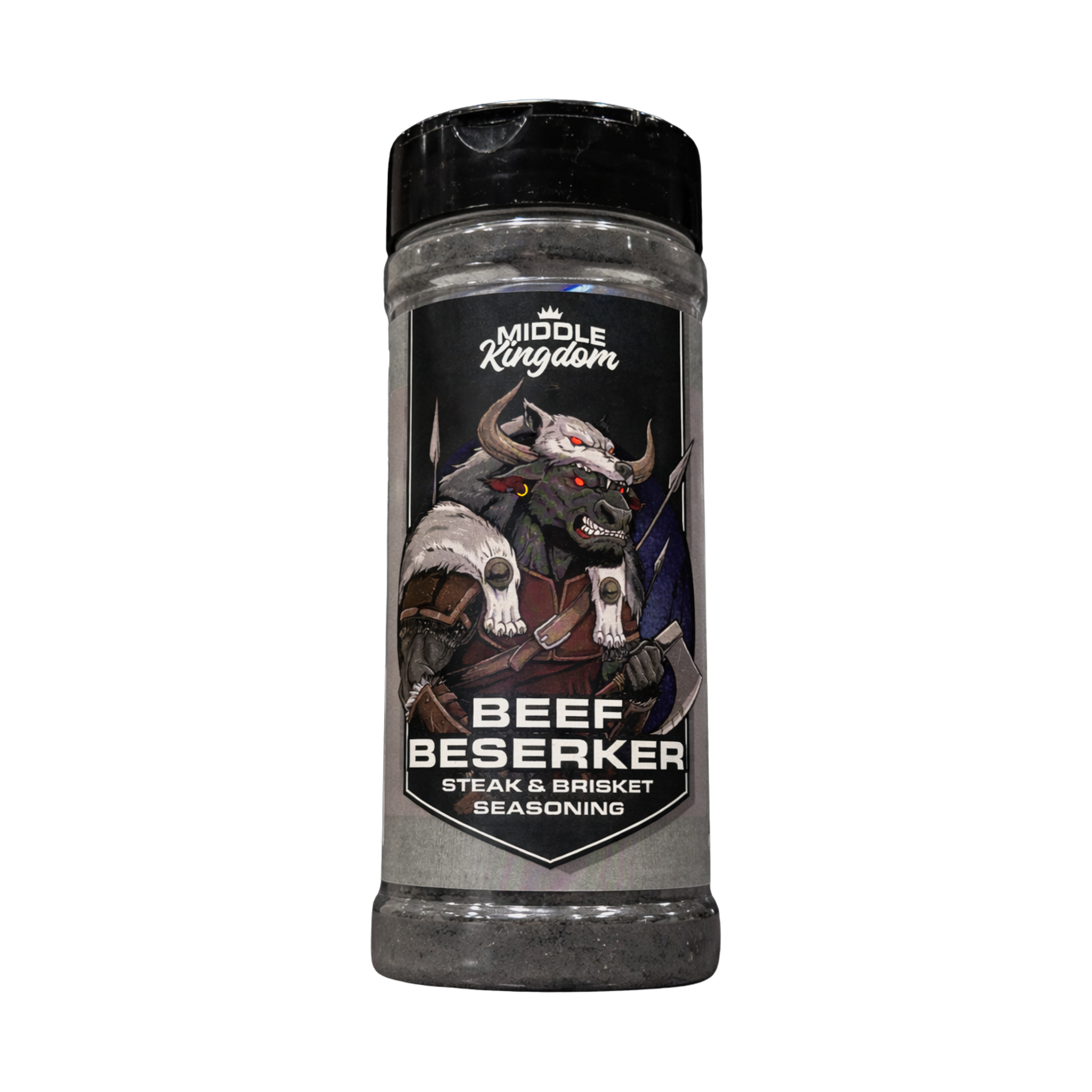 Middle Kingdom Beef Berserker 170g steak and brisket seasoning — front of shaker on transparent background