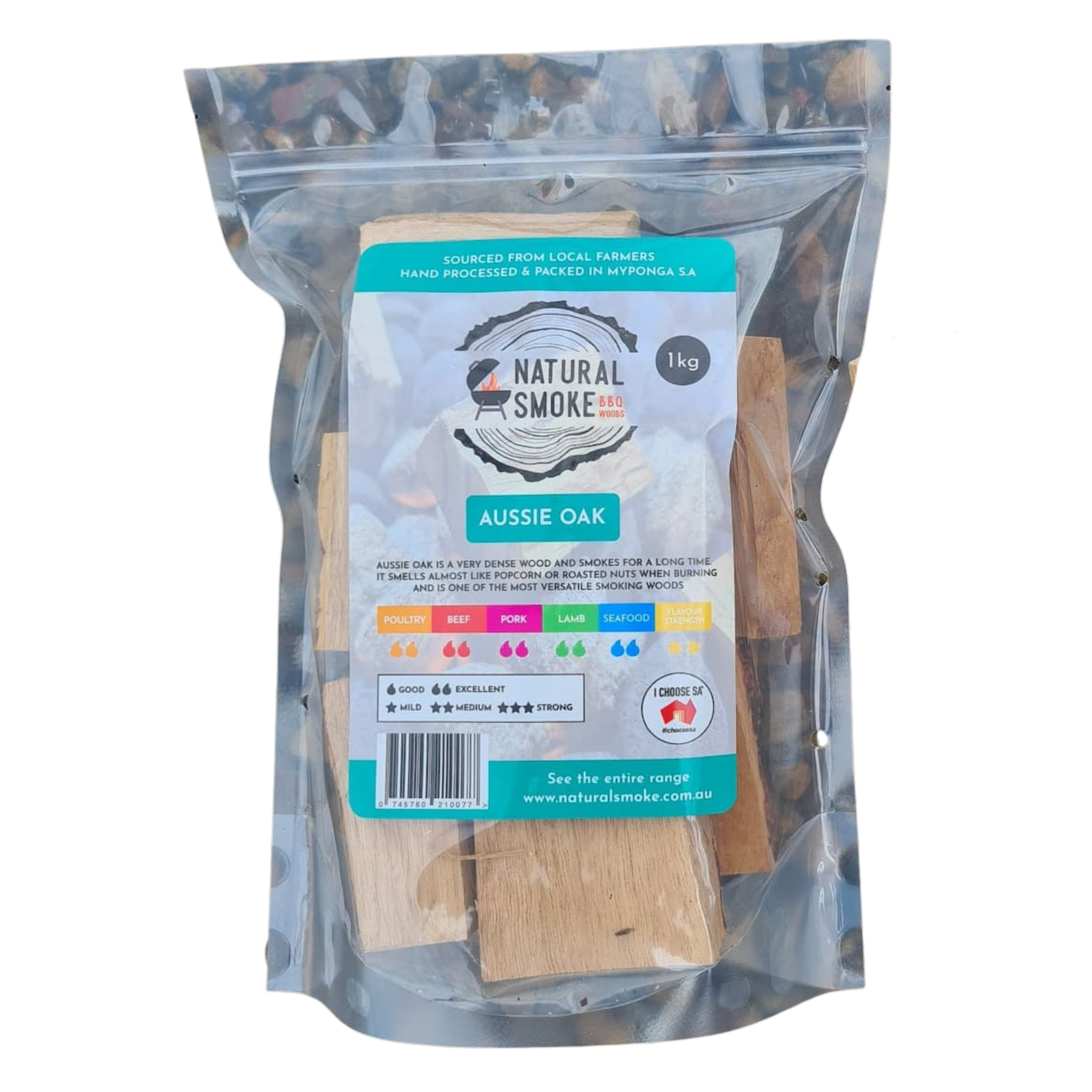 Natural Smoke BBQ Woods Aussie Oak wood chunks 1kg bag — front of bag on transparent background