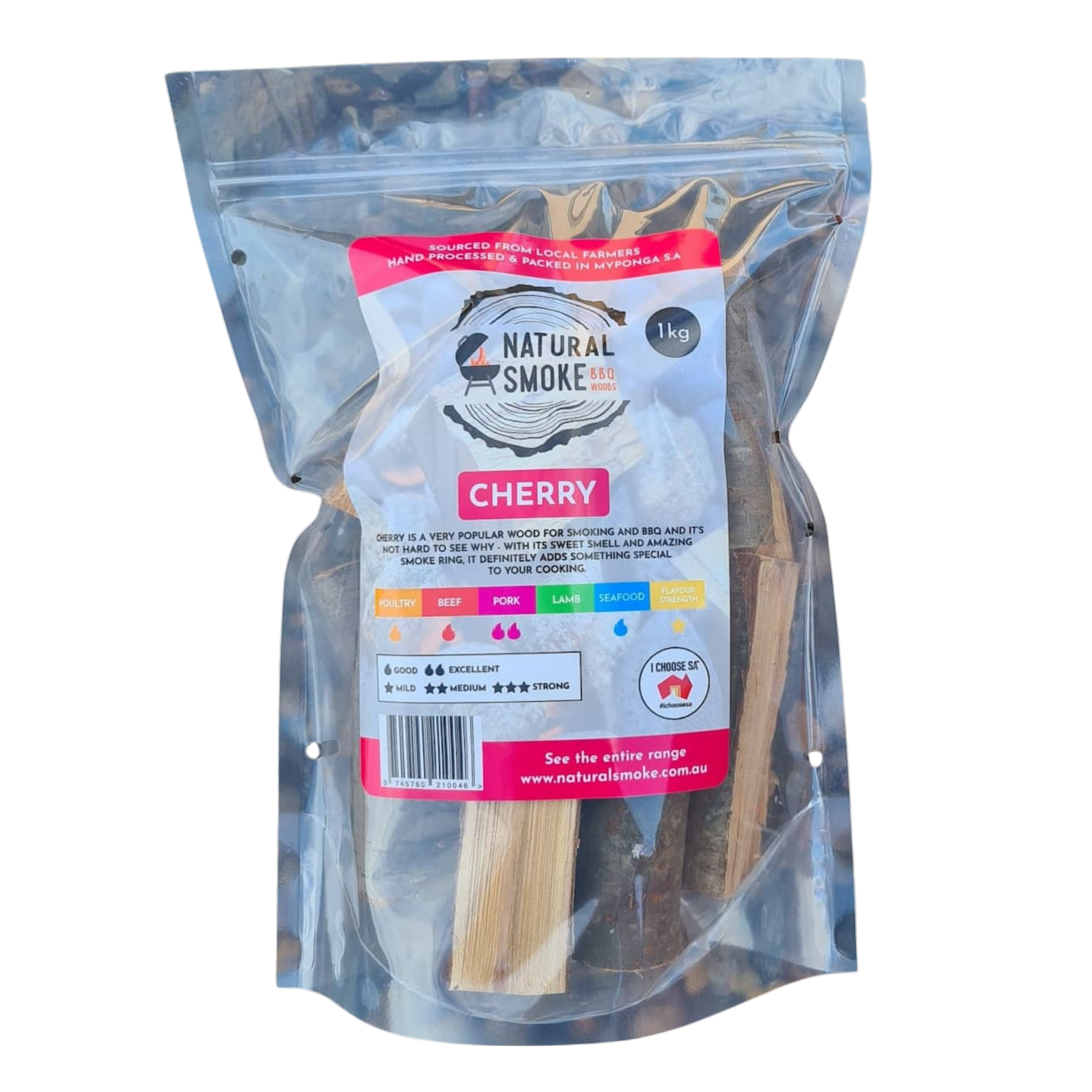 Natural Smoke BBQ Woods Cherry wood chunks 1kg bag — front of bag on transparent background