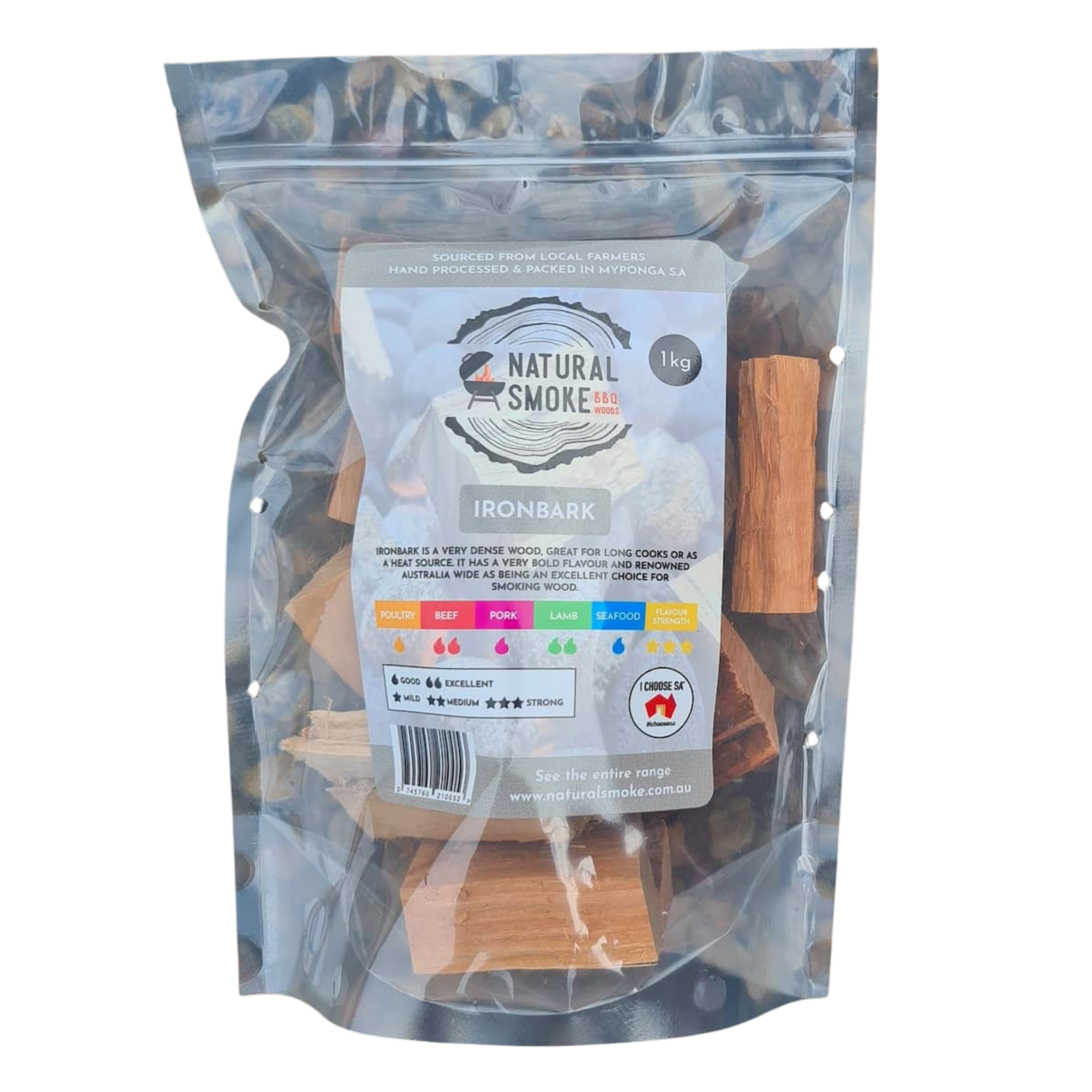 Natural Smoke BBQ Woods Ironbark wood chunks 1kg bag — front of bag on transparent background