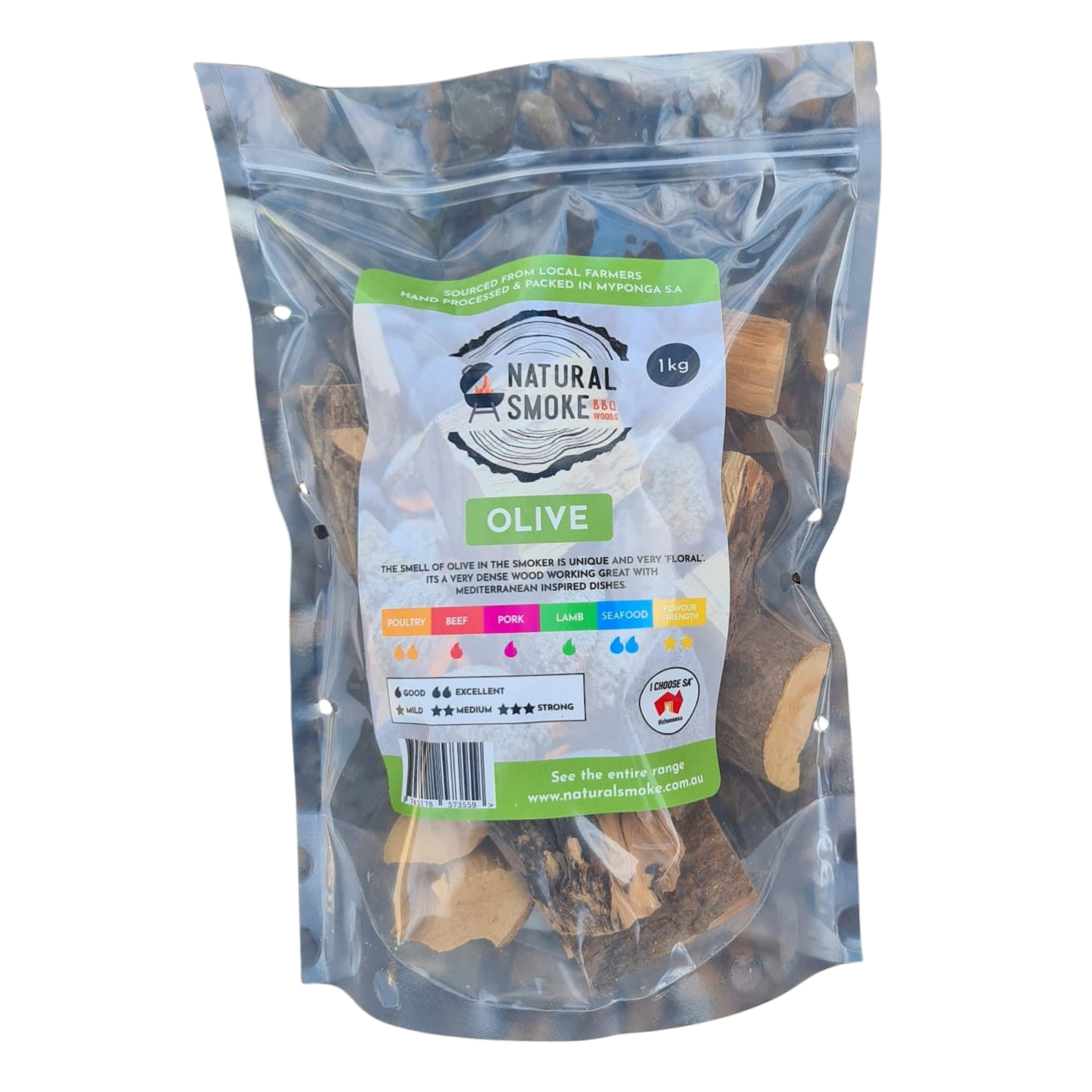 Natural Smoke BBQ Woods Olive wood chunks 1kg bag — front of bag on transparent background