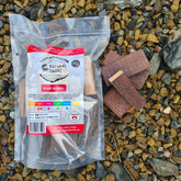 Natural Smoke BBQ Woods Wine Barrel wood chunks 1kg bag on location with raw wood chunks