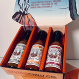 Nomad Chilli Co Classics Trio fermented hot sauce gift bundle — open box showing Jalapeño Verde, Tamarind Gold and Habanero Roja